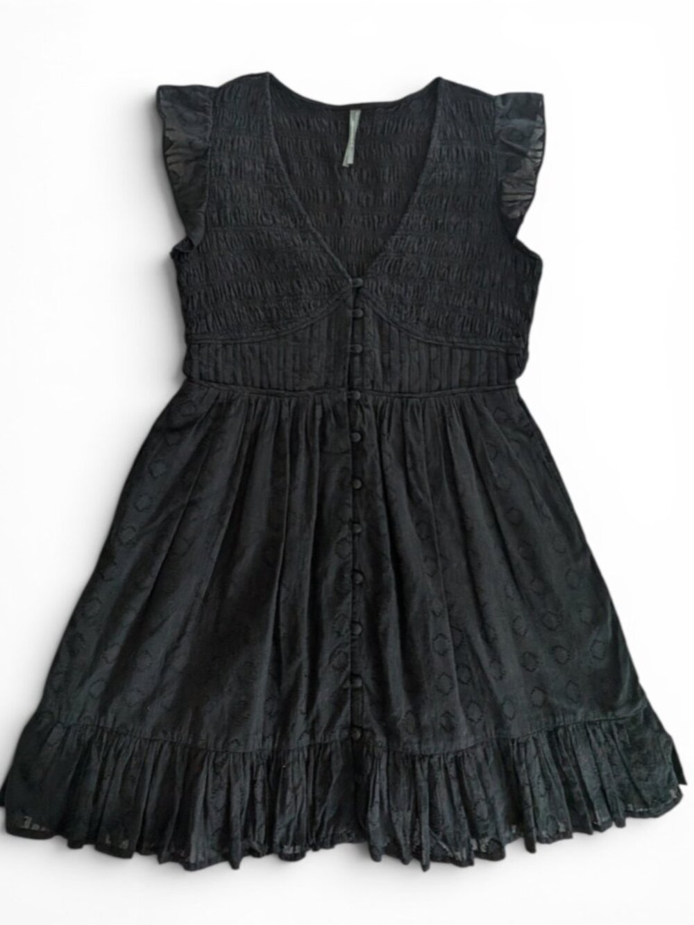 Anthropologie Black Linen Smocked Mini Dress Size S Ruffle — EUC